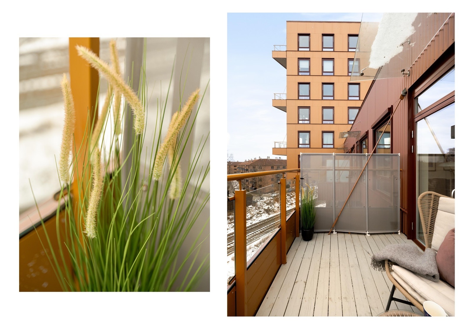 Glassfeltene i rekkverket sikrer lys og koselig utsyn. Balkongen er oppmålt til 7 m². Galleribilde