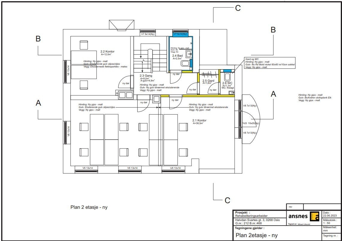 2. etasje. 3 store kontorer, toaletter og garderobe. Oppgitte arealer er nettomål. Galleribilde