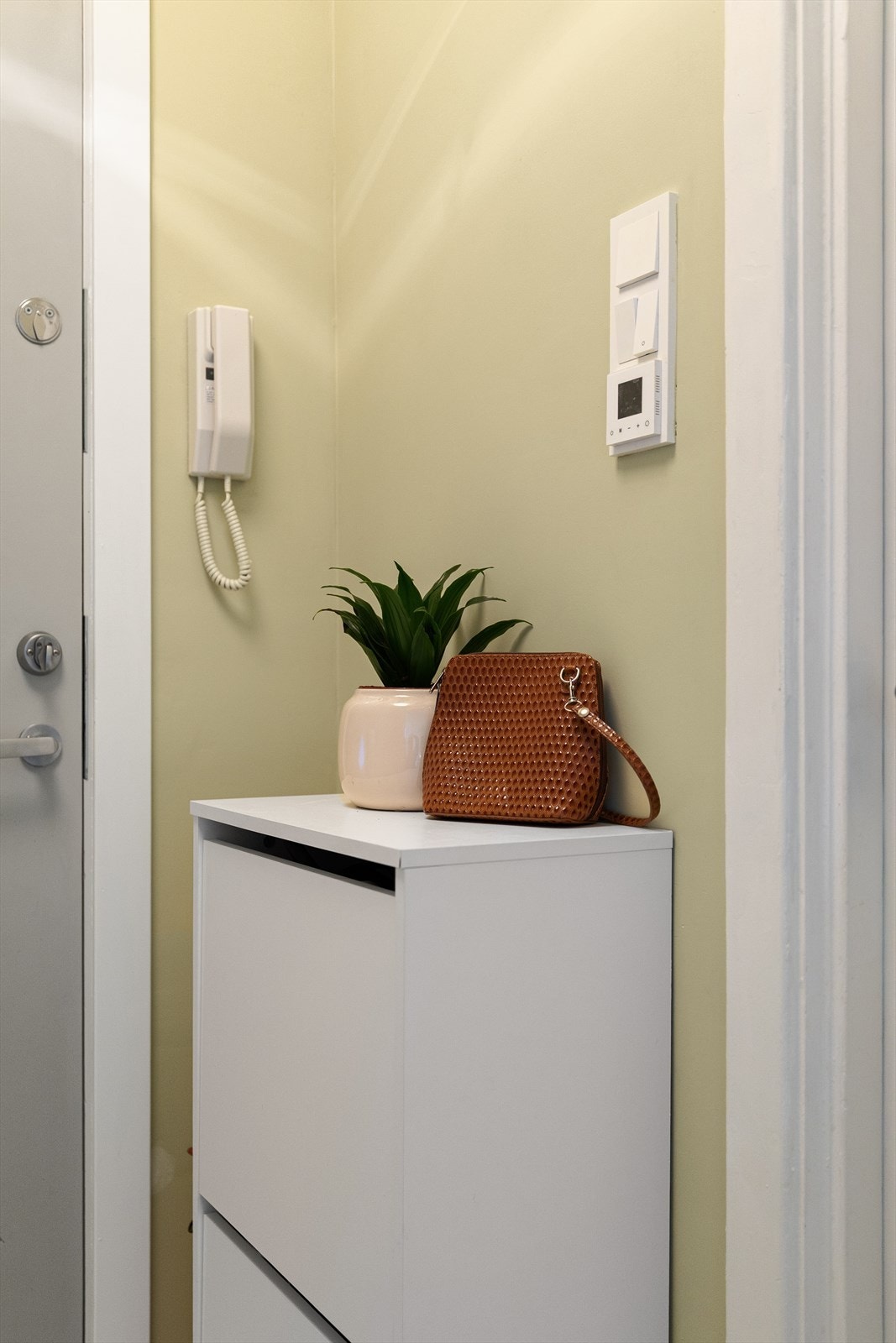 I entréen er det praktiske oppbevaringsløsninger som skoskap for en ryddig velkomst. Galleribilde