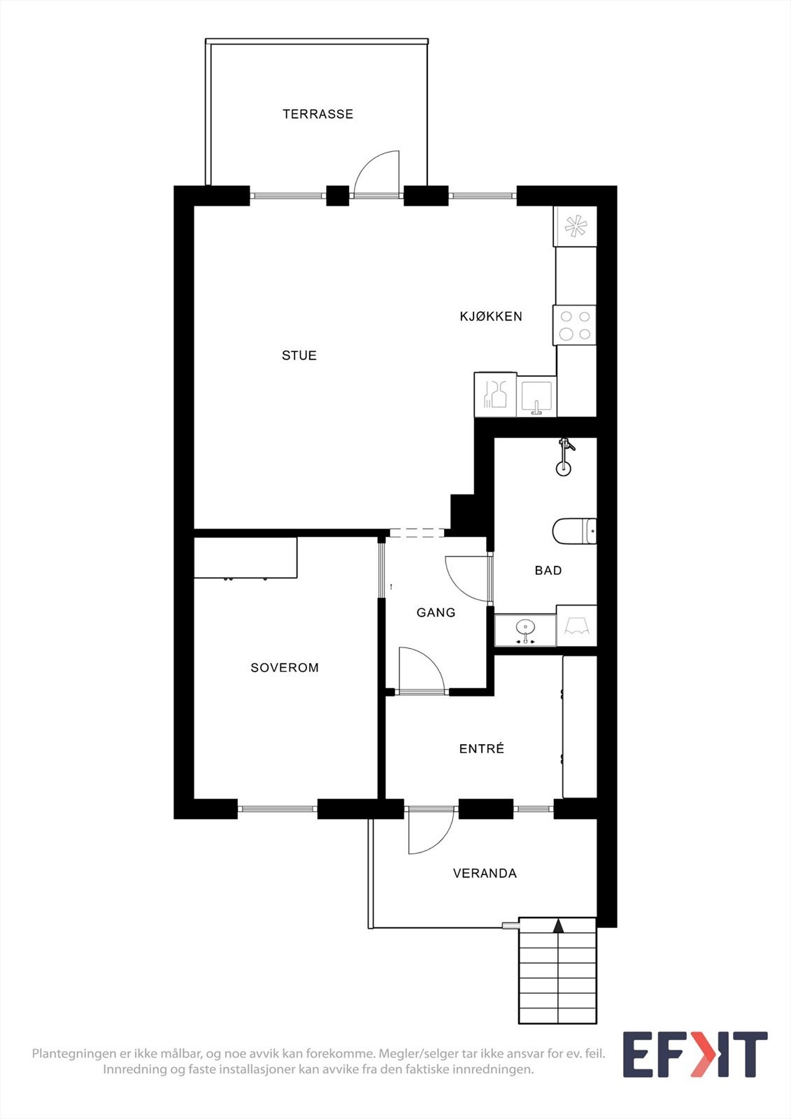 Leiligheten har en arealeffektiv planløsning med entré, gang, bad, soverom og åpen stue/kjøkkenløsning. Galleribilde