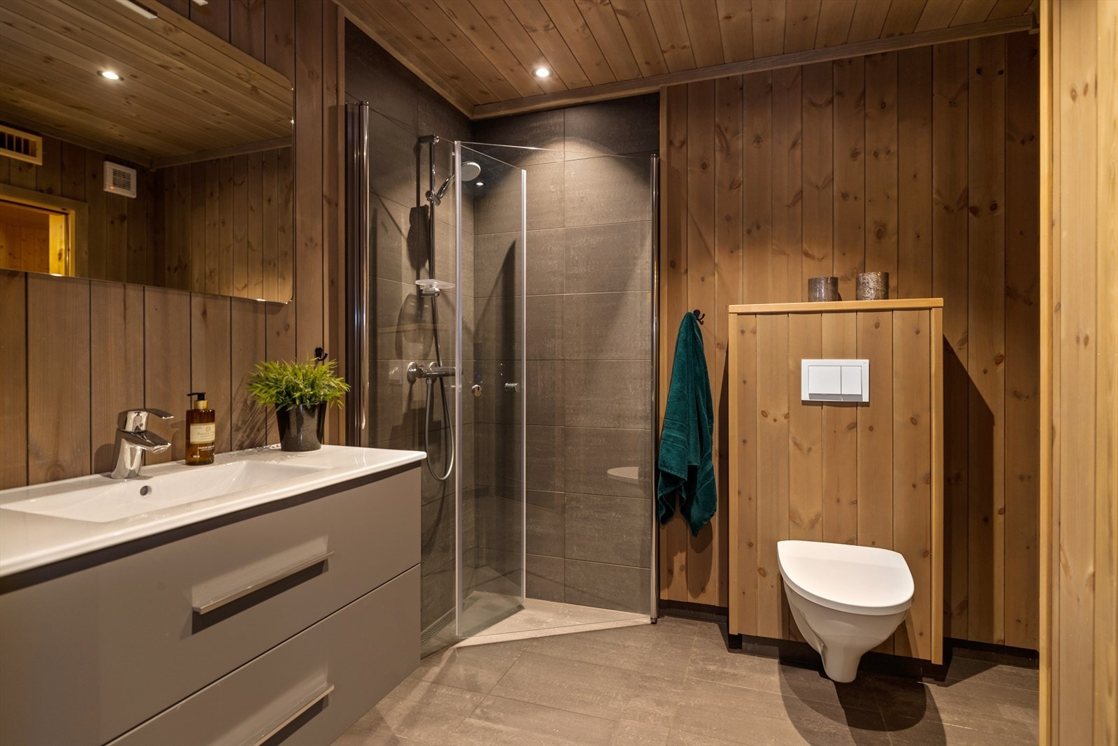 Delikat baderom i underetasjen er innredet med dusjhjørne, servant innredning, vegghengt toalett og badstue. Galleribilde