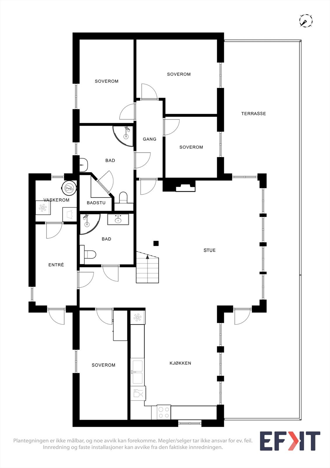 Hovedetasjen har en arealeffektiv planløsning med åpen stue- og kjøkkenløsning, fire soverom og 2 bad. Galleribilde