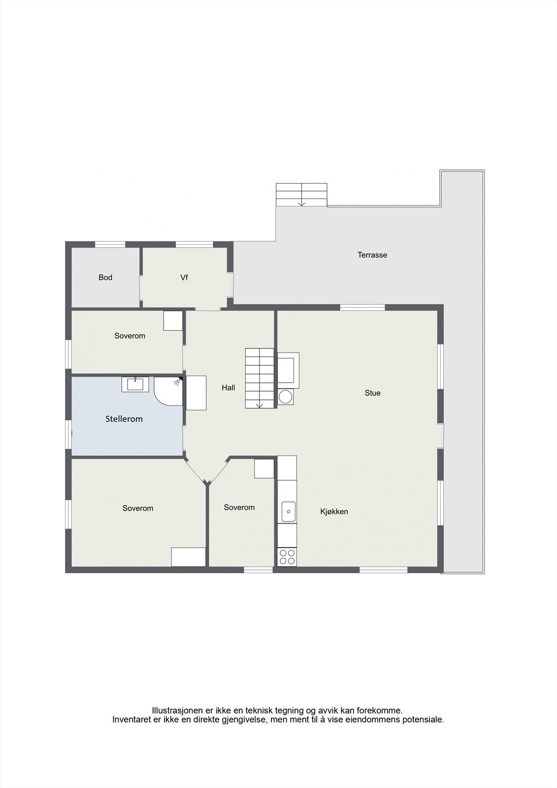 Illustrasjonen er ikke en teknisk tegning og avvik kan forekomme. Inventaret er ikke en direkte gjengivelse, men ment til å vise eiendommens potensiale. Galleribilde