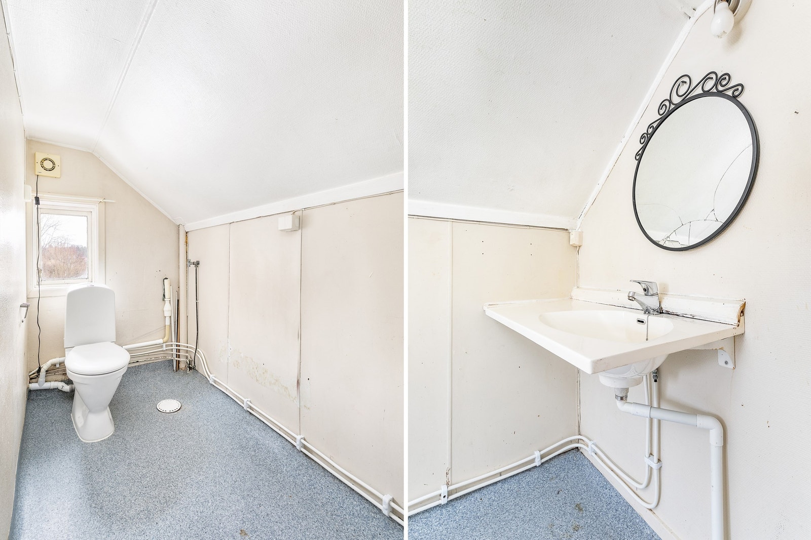 Rom benyttet som toalettrom/vaskerom, ikke målbart grunnet lav himlingshøyde. Følgeskader etter tidligere vannlekkasje kan ikke utelukkes. Utbedringer/renovering må påregnes. Galleribilde