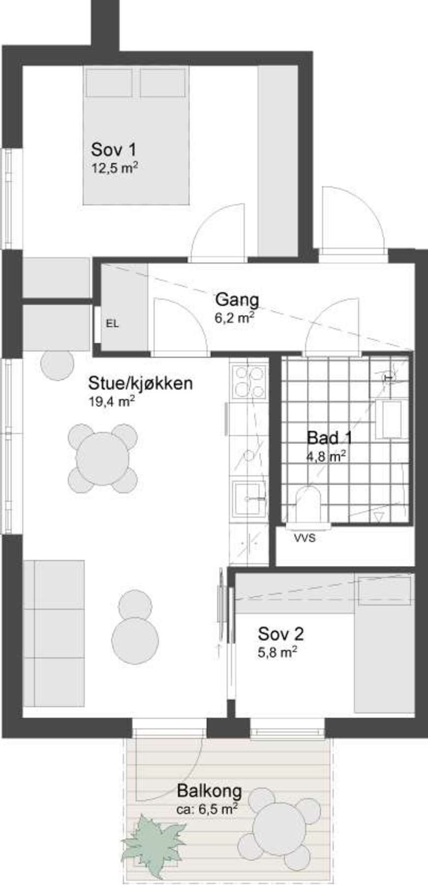 Plantegning. Det er heisadkomst opp til 7. etasje. Sykkelparkering og bod i kjeller. Galleribilde