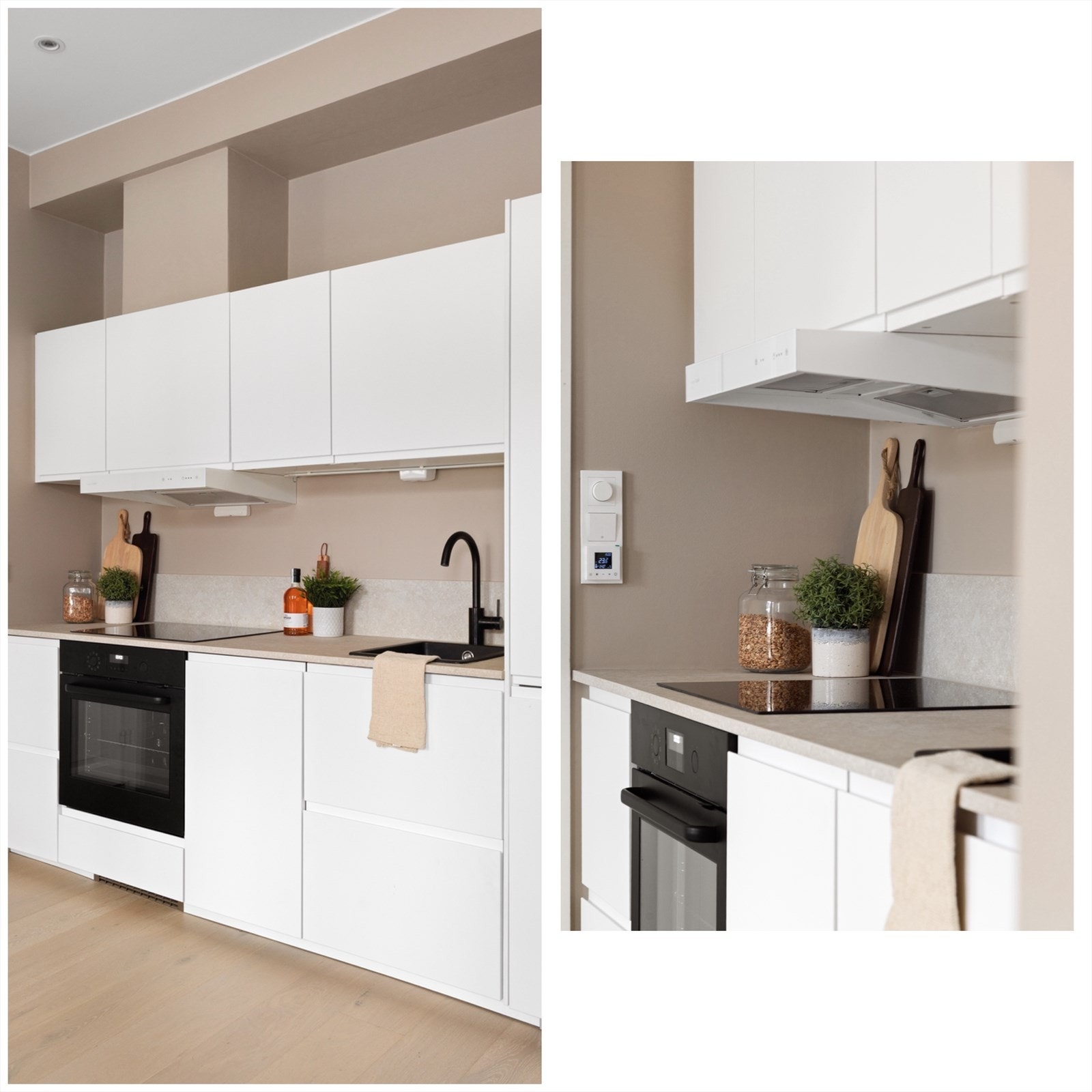 Det er integrerte hvitevarer, herunder kjøl/fryseskap, oppvaskmaskin og stekeovn. Det er også montert komfyrvakt og vannstoppsystem. Galleribilde