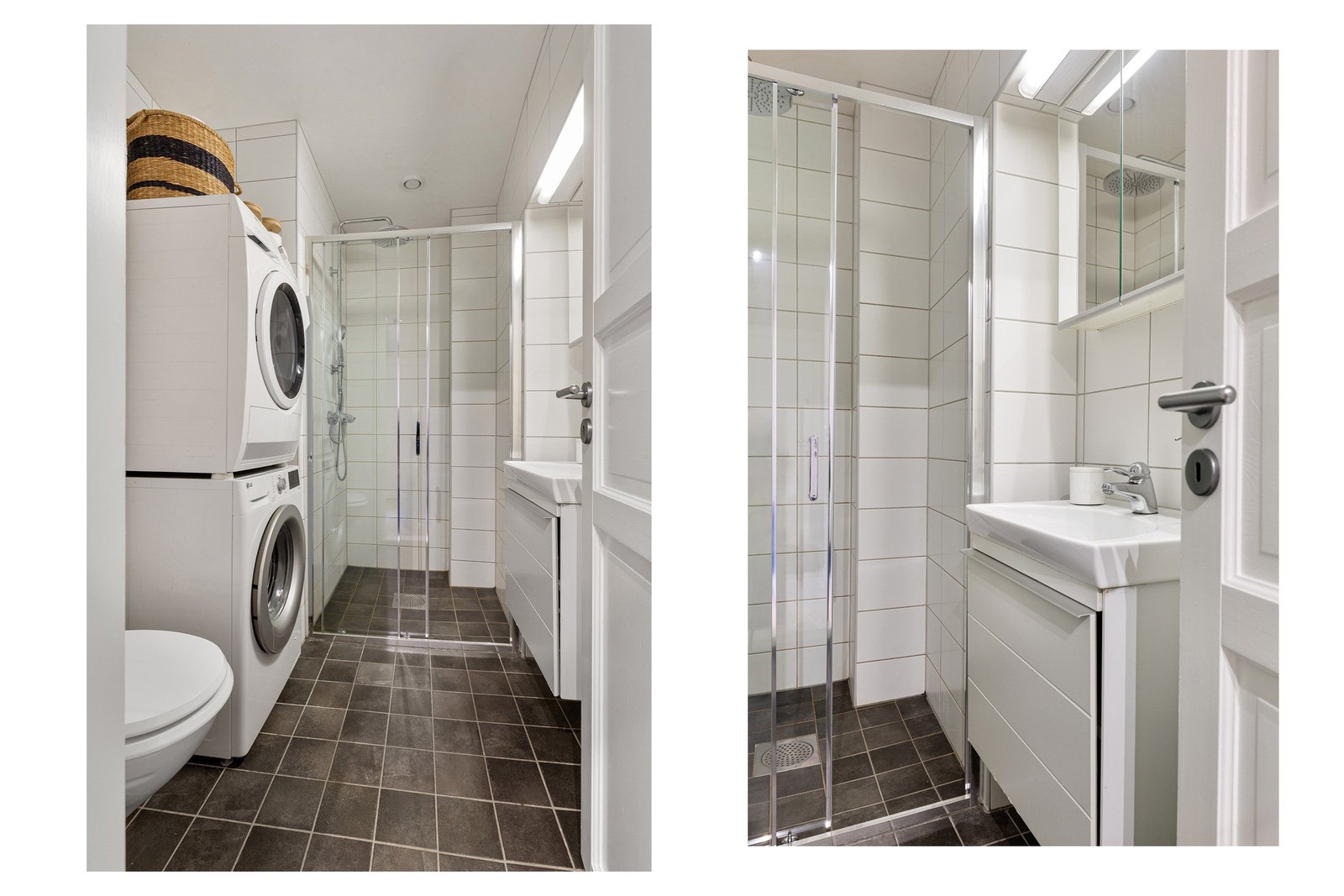 Badet fremstår som delikat og tidløst, med flislagte overflater, dusjløsning med glassdører, servant med innredning og vegghengt toalett. Galleribilde