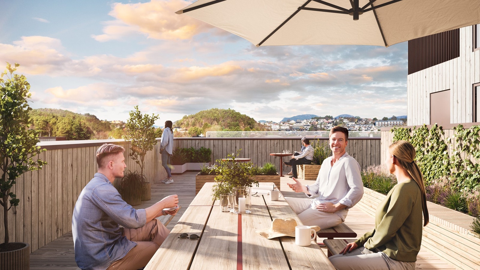 - Sandsli Stasjon blir bygget med fokus på rekreasjon, tilgjengelighet og en mer behagelig hverdag, herfra felles takterrasse på plan 5 - Galleribilde