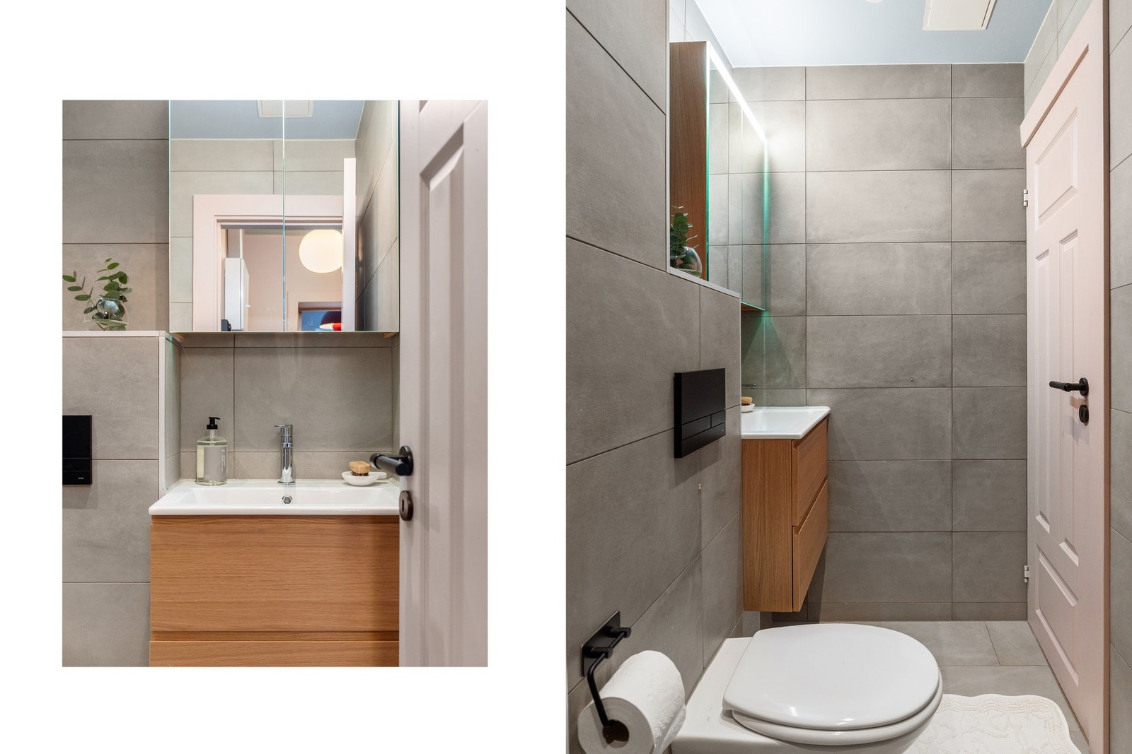 Flislagt bad med varmekabler, dusjnisje, servantinnredning og vegghengt toalett samt opplegg for vaskemaskin Galleribilde