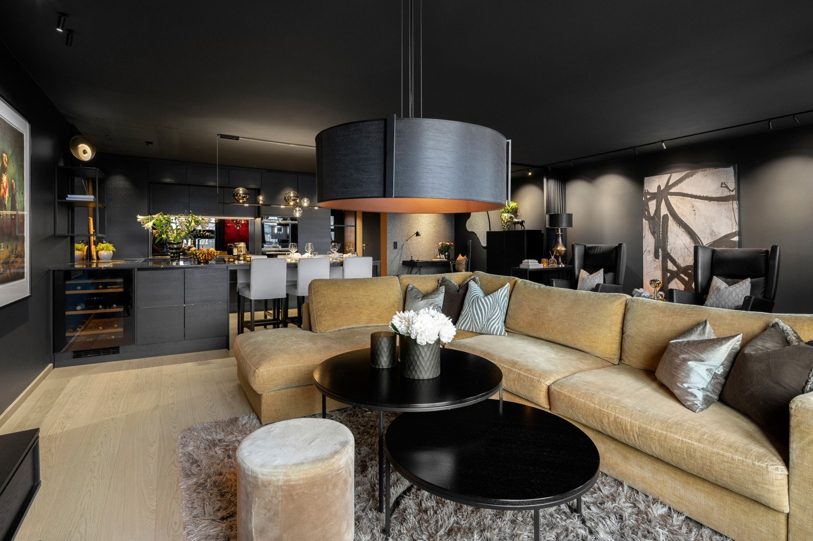 Stue/kjøkken er delikat innredet. Moderne kjøkken fra Svane kjøkken, lysskinner fra Stokkan lys m.m. Galleribilde