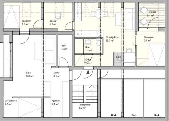 Det meste i gult er leilighet nr 2 og det i hvit er 1. Galleribilde