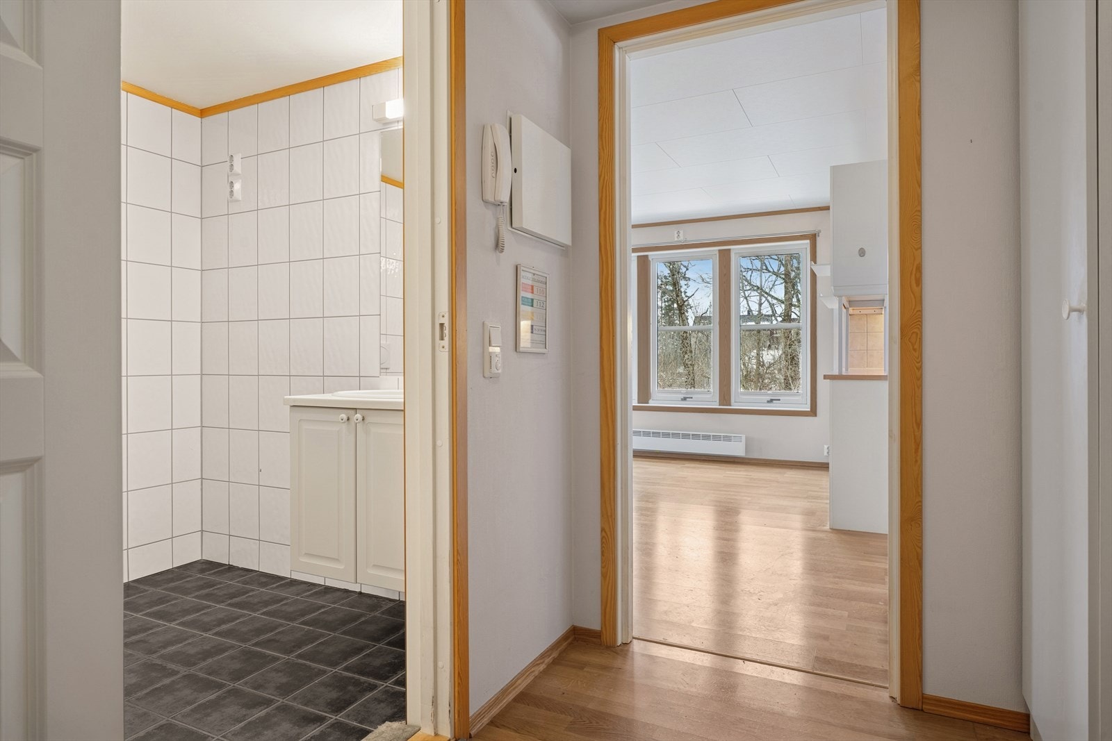 Fra entreen har til adgang til bad, soverom og stue/kjøkken. Galleribilde