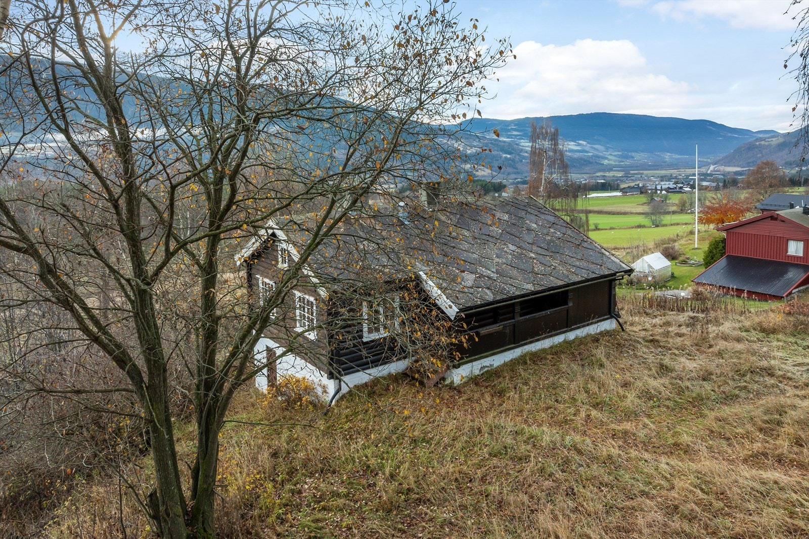 Fasaden består i all hovedsak av tømmer, med noe stående behandlet trekledning. Galleribilde