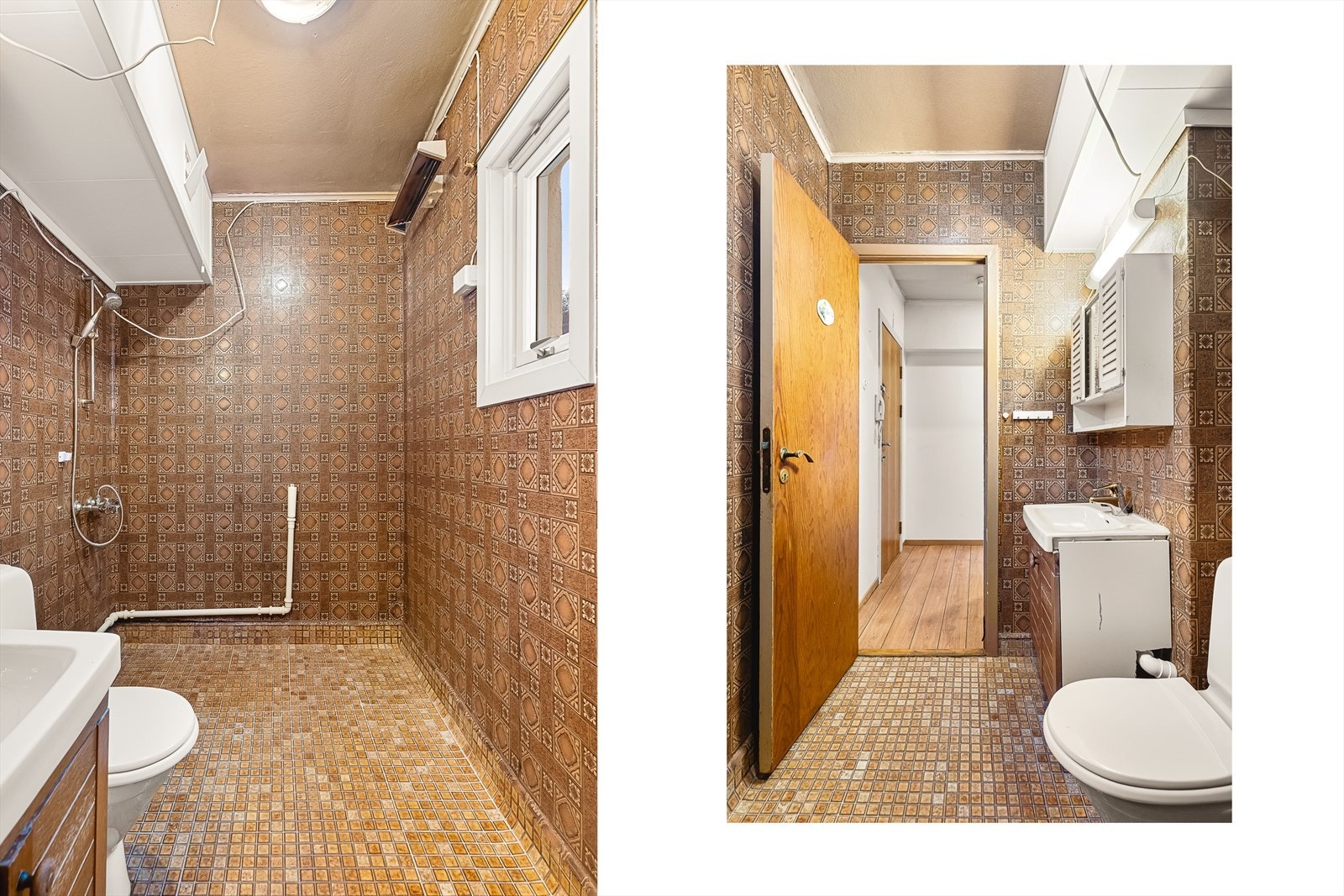 Eldre baderom som måler 3,8 kvm. Badet har fått tilstandsgrad 3 i tilstandsrapporten, og det må regnes med en total rehabilitering av rommet. Galleribilde