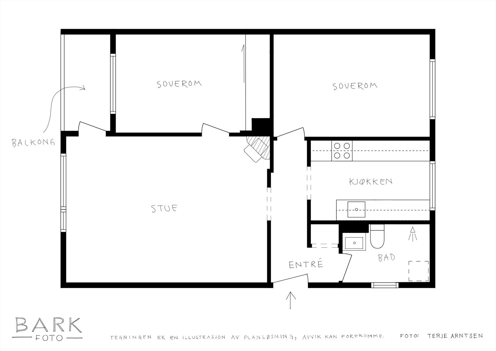 Plantegning. Leiligheten ligger i tredje etasje. Det er en ekstern bod i samme etasje som leiligheten, og to eksterne boder i underetasjen. Galleribilde