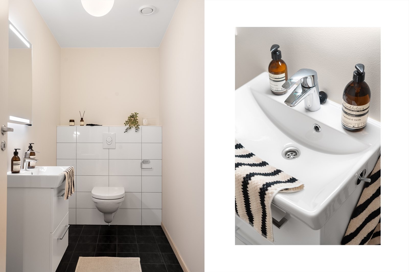 Leiligheten har også et praktisk toalettrom, innredet med vegghengt toalett og baderomsinnredning med servant og skuffer. Galleribilde