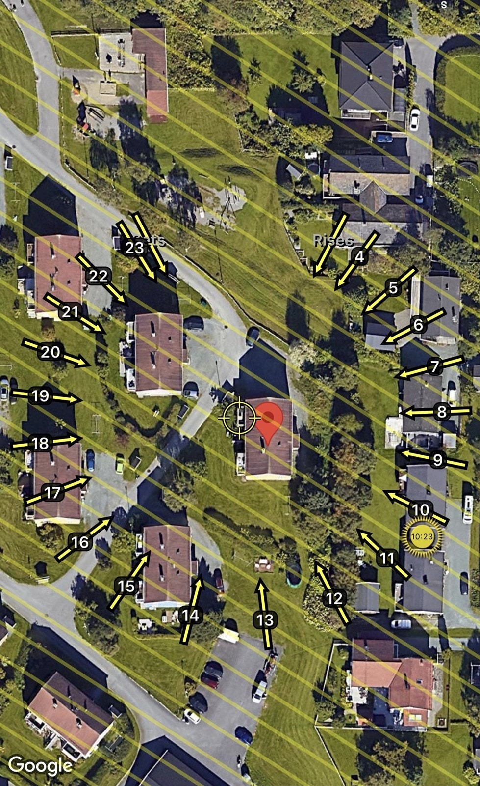 Solkartet viser hvor solen står i forhold til leiligheten gjennom døgnet med utgangspunkt i midtsommers. Leiligheten har svært gode solforhold med ettermiddags og kveldssol fra ca 13.00-solnedgang. Galleribilde