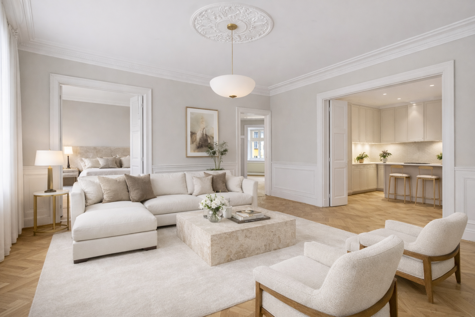 Bildet er AI-generert og avvik kan forekomme. Store, lyse oppholdsrom med generøs takhøyde. Galleribilde