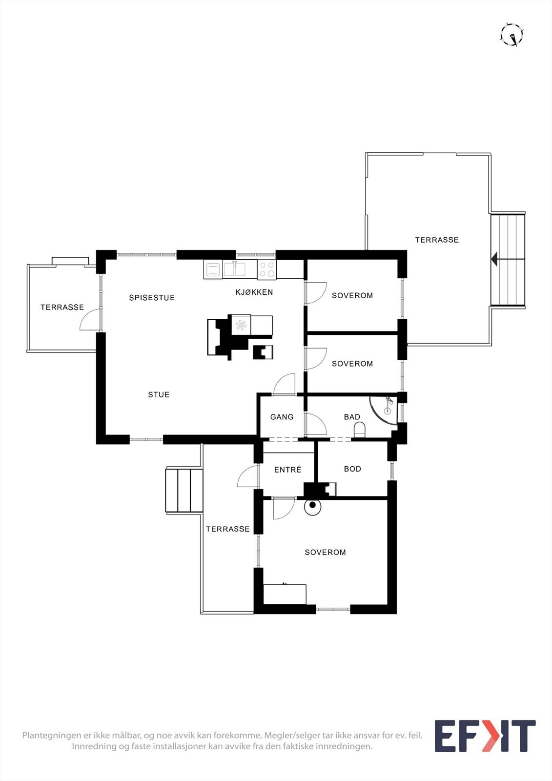 Planløsningen gir en god oversikt over hyttas romfordeling med tre soverom og flere terrasser. Galleribilde