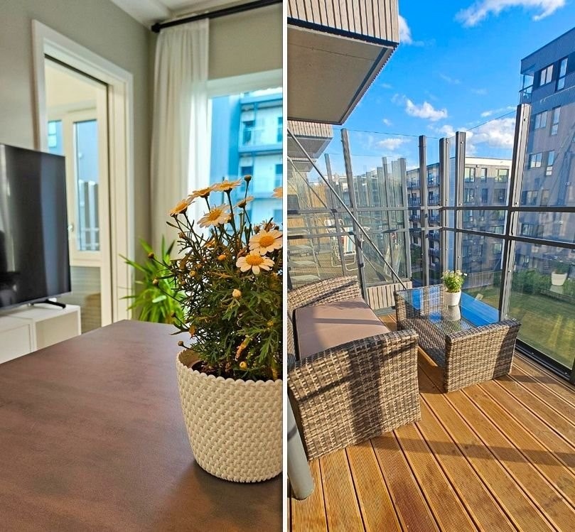 Balkong med flott utsikt og plass til både bord og stoler. Galleribilde