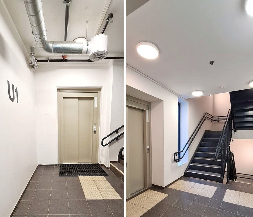 Praktisk heis og trapp som forbinder underetasje og overetasje. Galleribilde