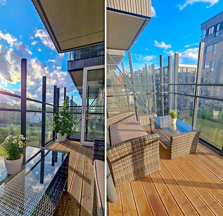 Balkong med flott solforhold på ettermiddag og kveld. Galleribilde