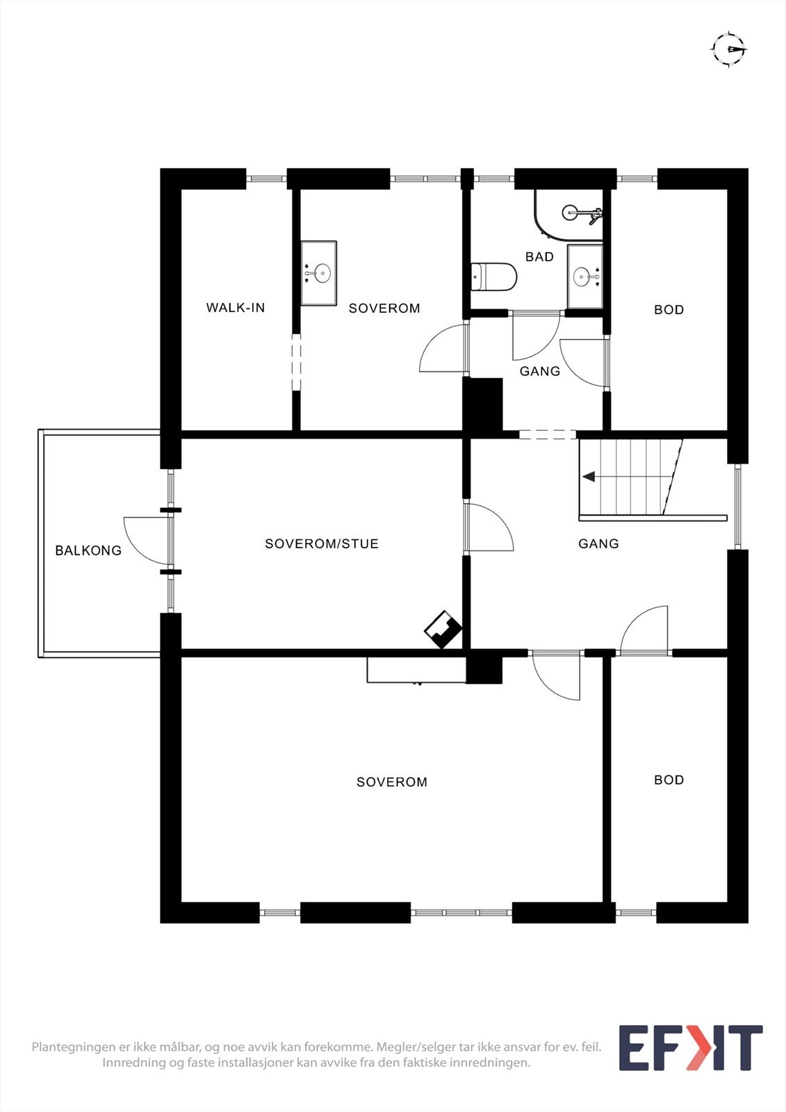 Andre etasje inneholder gang, bad og tre soverom, hvorav ett med utgang til balkong. Galleribilde