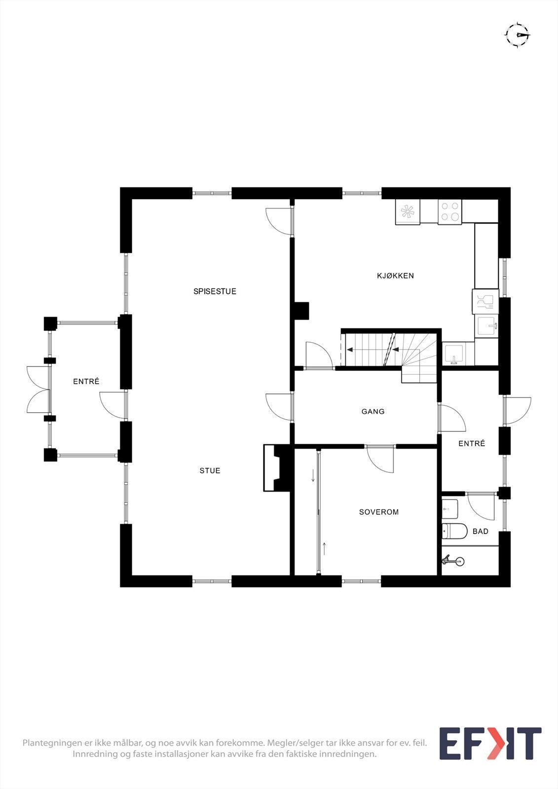 Plantegningen for første etasje viser en innholdsrik planløsning med stue, kjøkken, bad, soverom og entré. Galleribilde