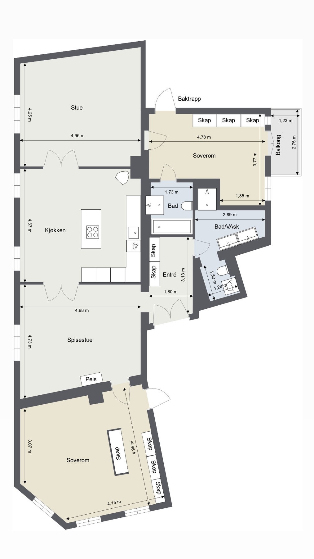 Etterspurt planløsning med 3 stuer på rad, 2 bad og balkong. Galleribilde