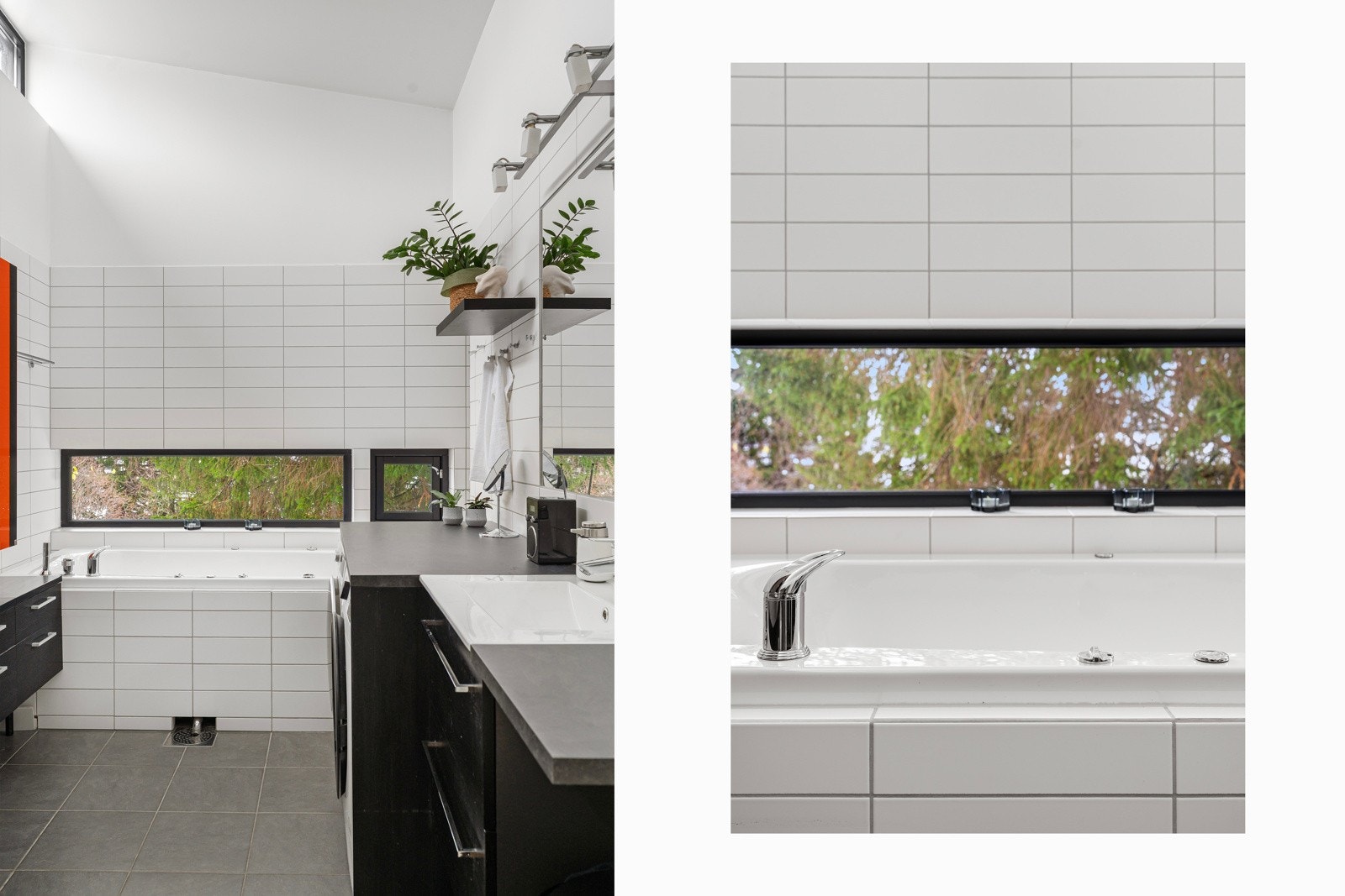 Stort og delikat flislagt bad med badekar.