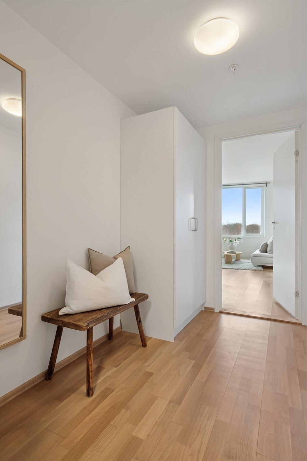 Man ønskes velkommen inn i en romslig gang utstyrt med garderobe hvor man har god plass til å henge fra seg yttertøy og sko. Galleribilde