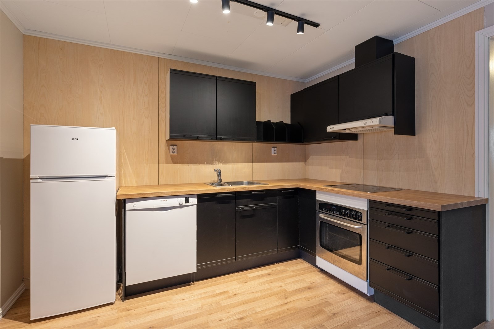 Det er kjøleskap, oppvaskmaskin og komfyr. Galleribilde