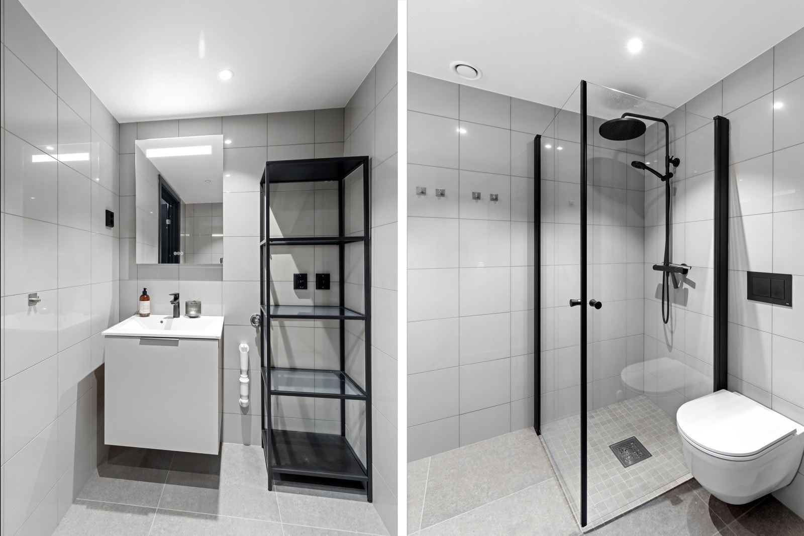 Vegghengt toalett og tidsriktig dusjhjørne hvor dørene kan slås helt inn. Galleribilde