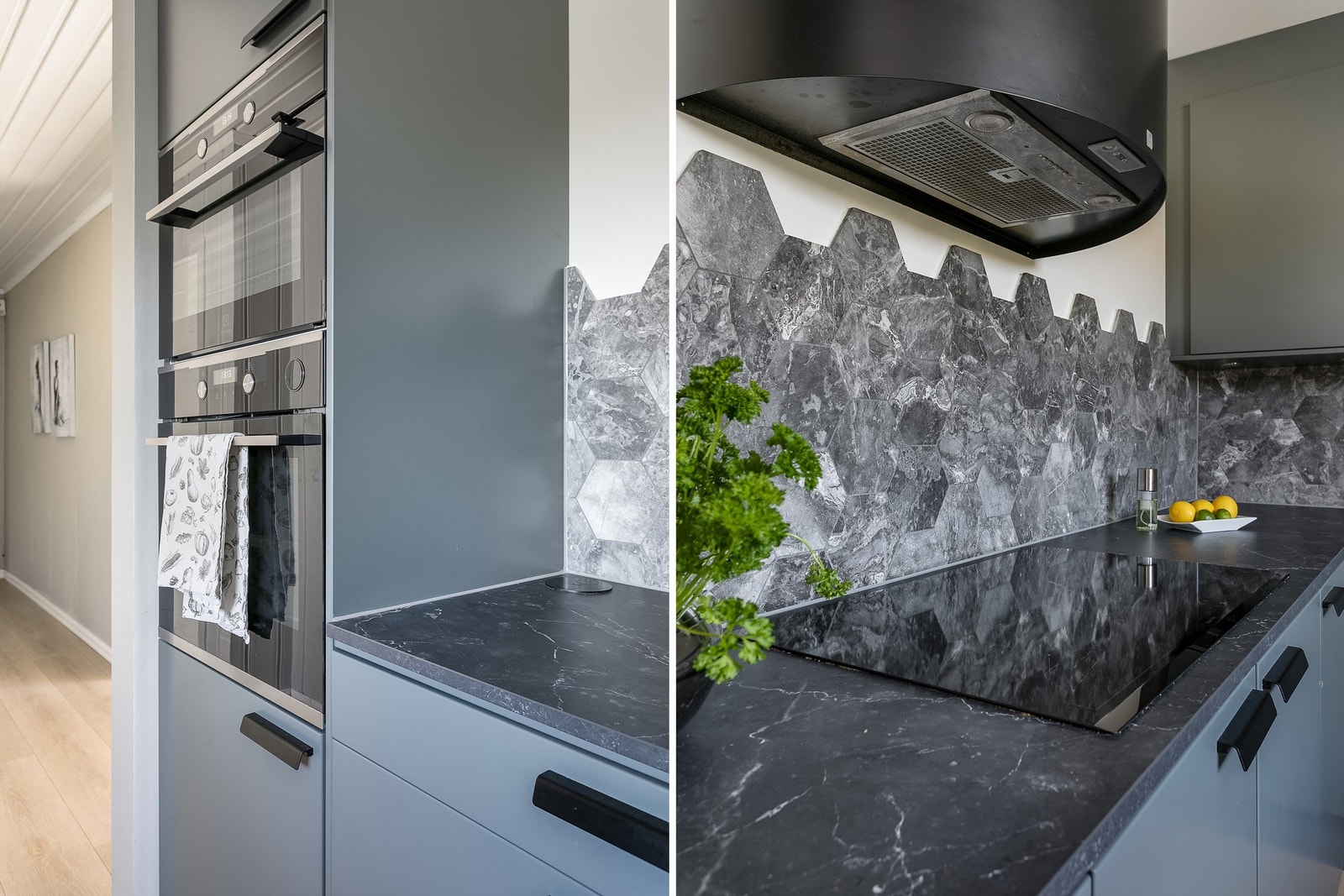 Kjøkkenets hvitevarer er også fra 2020. Alle er integrert - stekeovnen i praktisk benkehøyde. Galleribilde