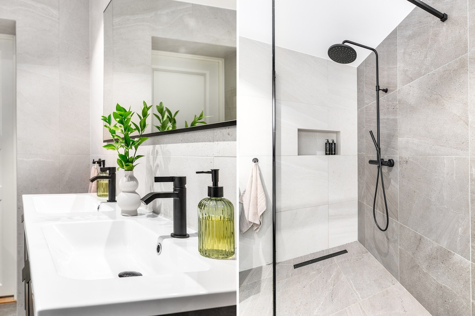 Badet er godt tilrettelagt for samtidig bruk av to personer, blant annet med dobbel servant Galleribilde