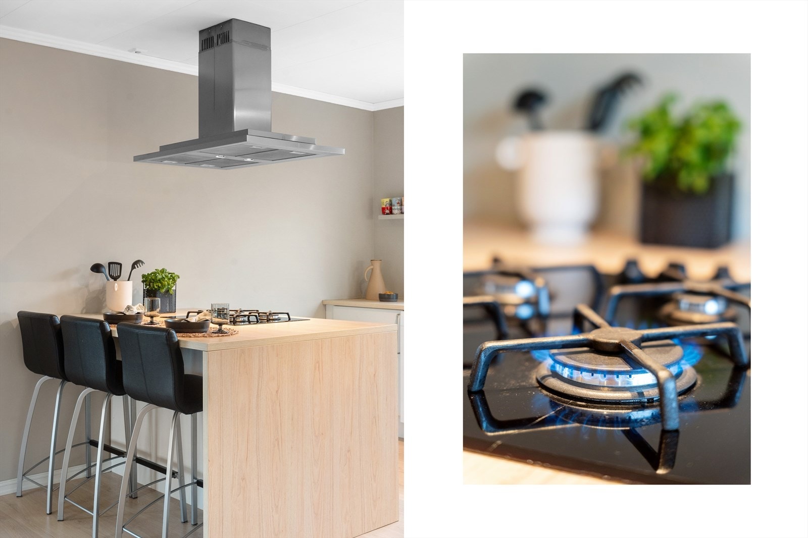 Kjøkkenet har rikelig med skap- og benkeplass, gass platetopp, oppvaskmaskin og komfyr. Galleribilde