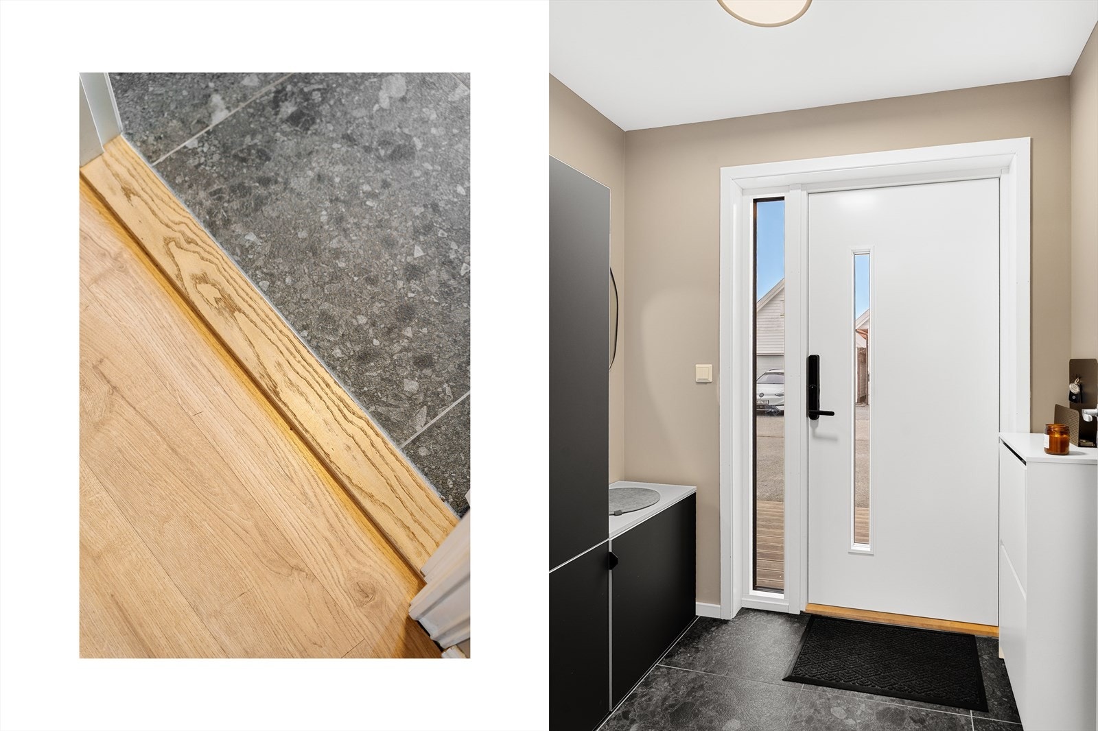 Praktisk inngangsparti med solid ytterdør fra 2023 (Produsert i 2021) med Yale Doorman fra 2024 og nytt sidevindu i vindfang fra 2024. Galleribilde