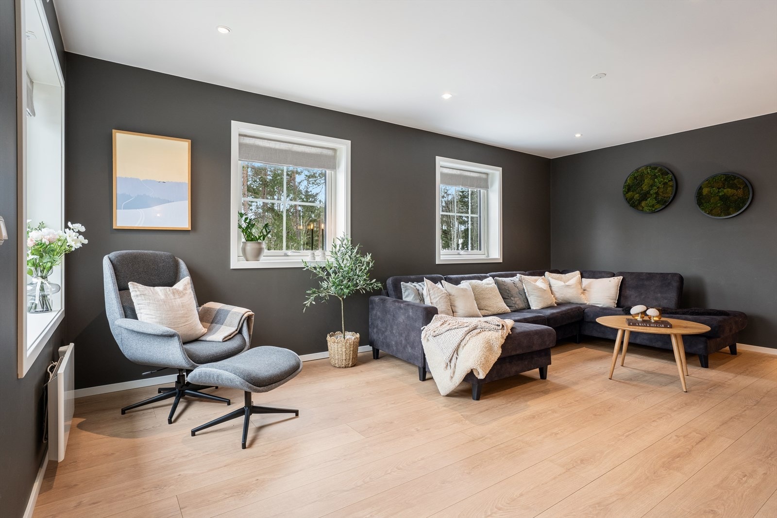 Her er det flere vinduer som slipper godt med dagslys inn i og gir rommet en god atmosfære. Galleribilde