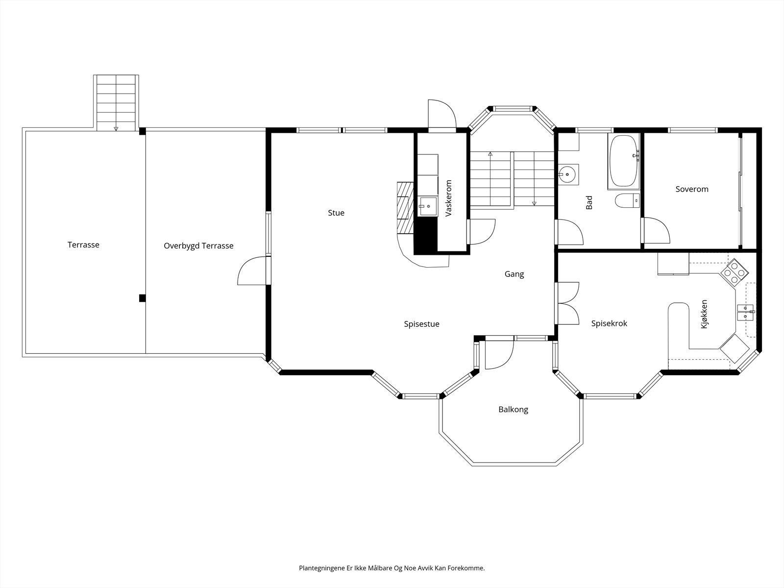 Første etasje har en sosial planløsning med stue, kjøkken, bad, vaskerom og ett soverom. Galleribilde