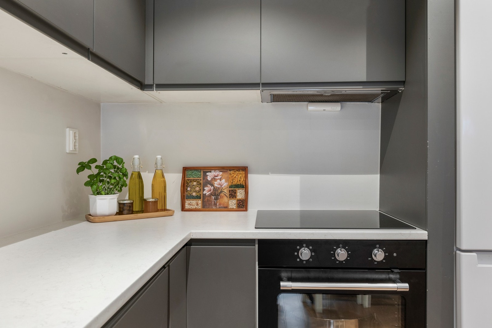 Det er utstyrt med integrerte hvitevarer som platetopp, komfyr og oppvaskmaskin Galleribilde