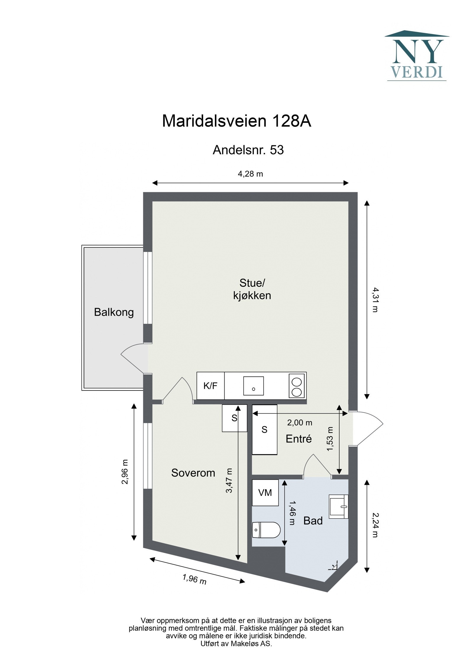 Plantegning 5. etasje med heis. I tillegg disponerer leiligheten en kjellerbod (nr. 64) på ca. 1,6m². Galleribilde