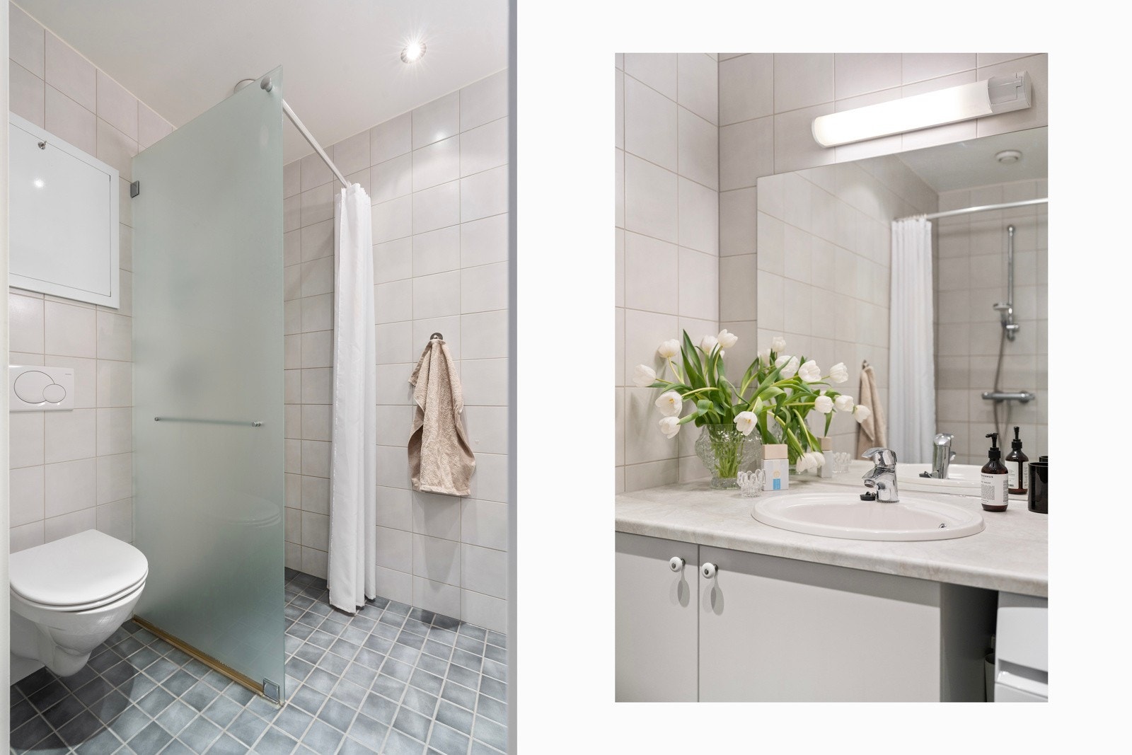 Flislagt med gulvvarme som sikrer en behagelig temperatur. Stort dusjhjørne og praktisk vegghengt wc.