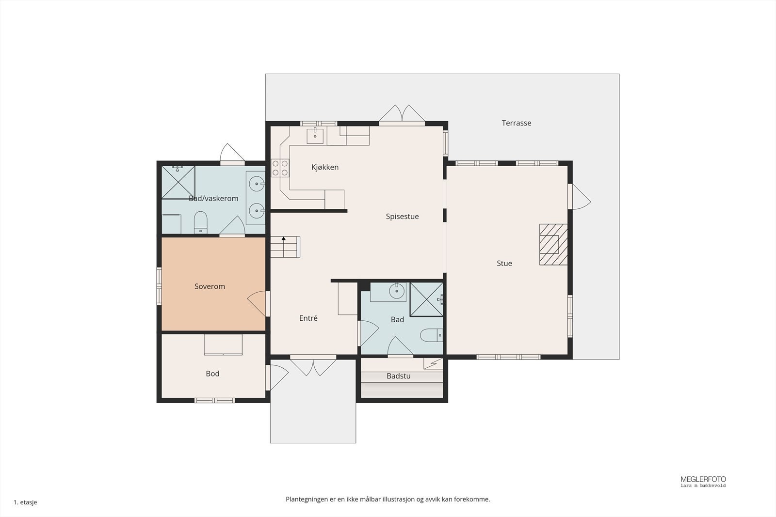 Første etasje har en sosial sone med stue og kjøkken, samt soverom, to bad og badstue. Galleribilde