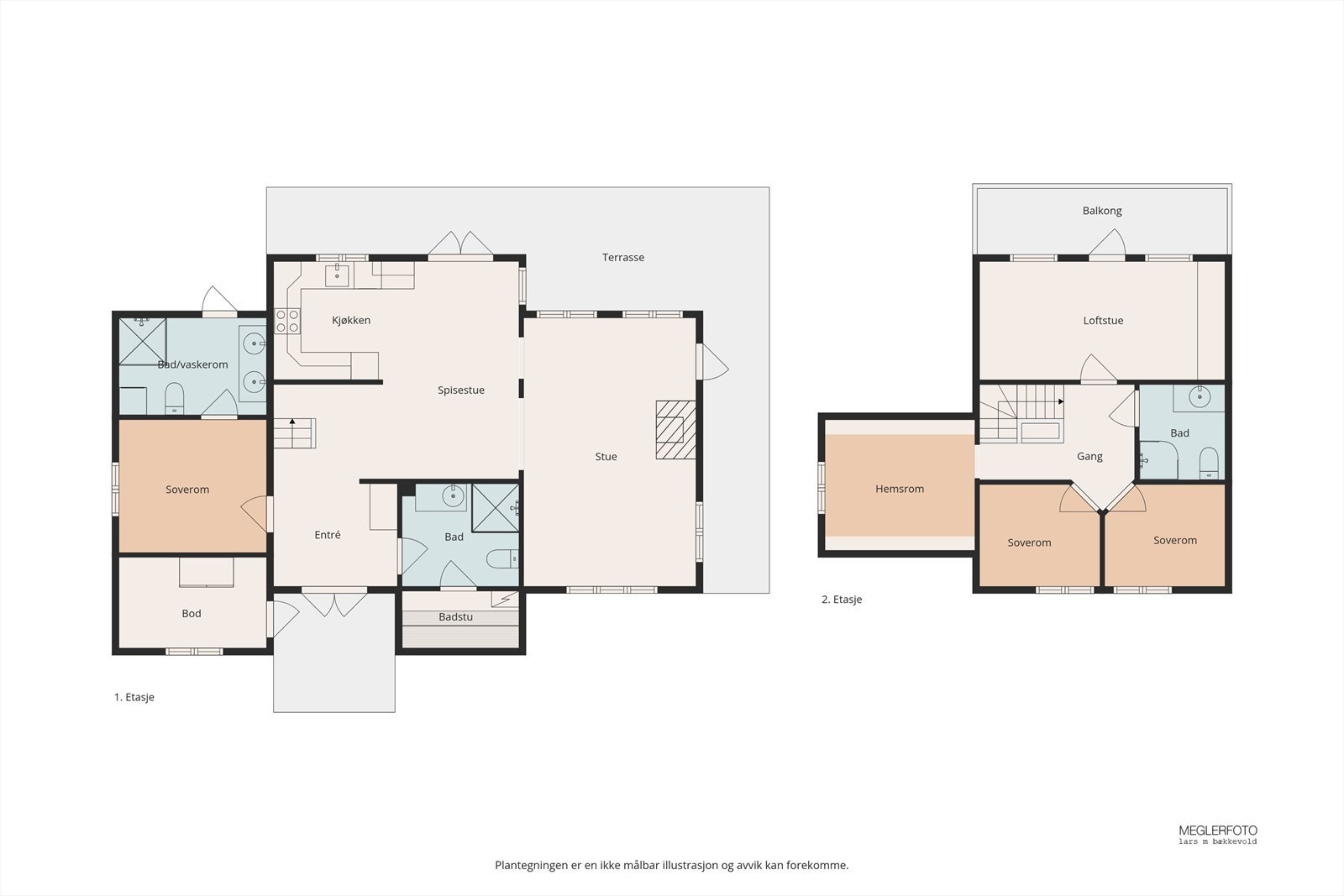 En gjennomtenkt planløsning over to etasjer gir en god fordeling av sosiale soner og private rom. Galleribilde