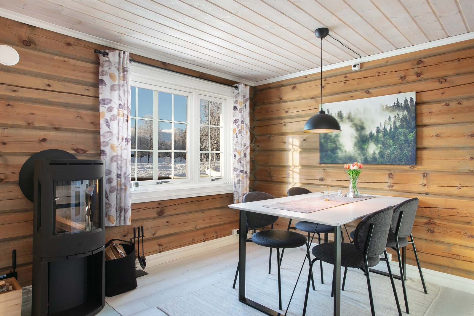 Det er peisovn med glassdør i stuen som gir en lun og hyggelig atmosfære Galleribilde