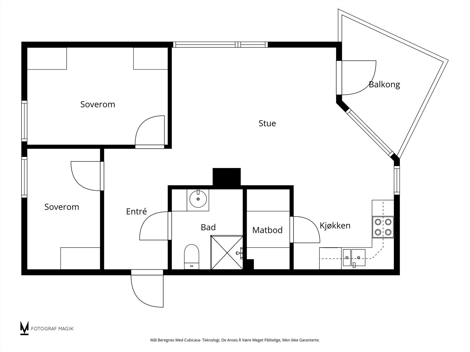 Leiligheten har en praktisk planløsning med to soverom, stue med utgang til balkong, og et separat kjøkkenområde. Galleribilde