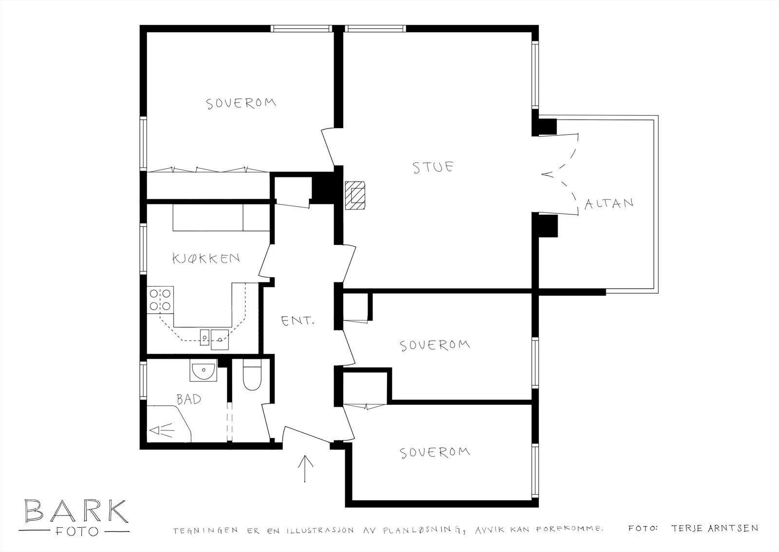 Plantegning. Leiligheten disponerer også tre eksterne boder (1 loftsbod og 2 kjellerboder). Galleribilde