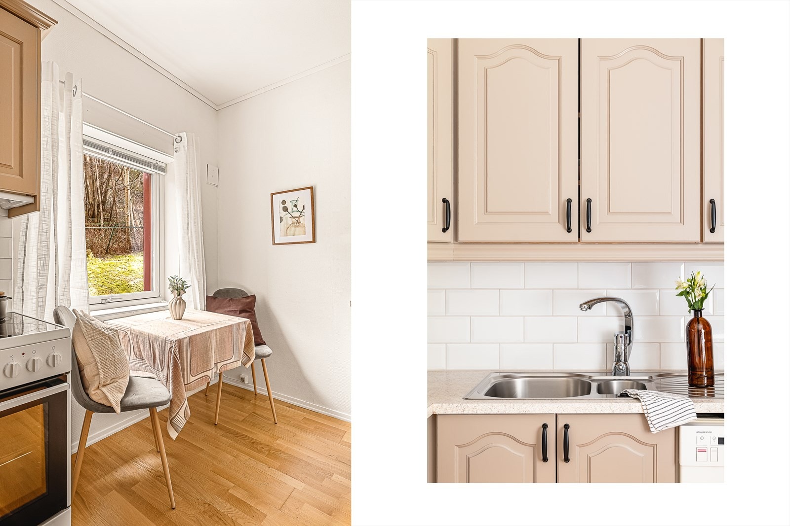 Kjøkkenet er modernisert i 2025/2026 med nye fliser bak benkeplate, nymalte fronter og nye håndtak. Galleribilde