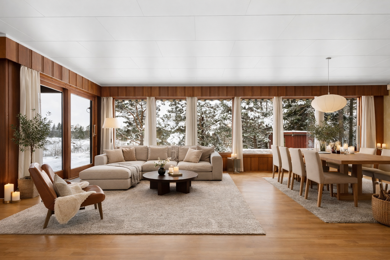 Stuen er romslig og byr på stor fleksibilitet i møbleringen, med god plass til ønsket innredning. Bilde er AI generert. Galleribilde