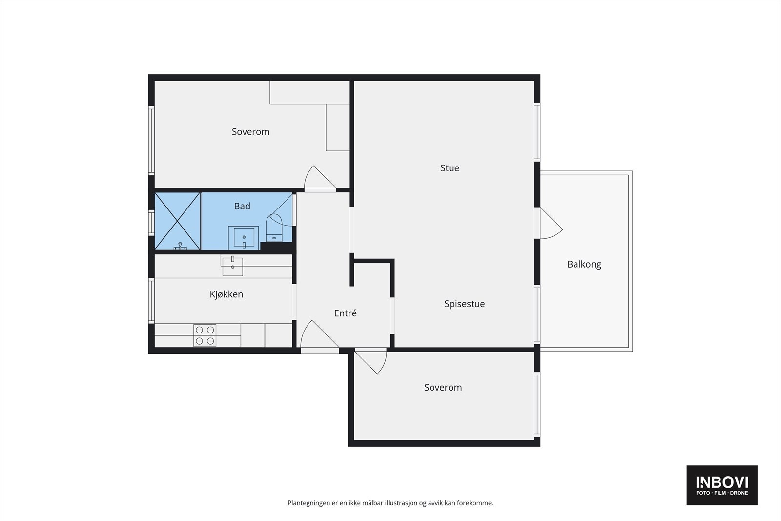 Plantegning for leiligheten. Leiligheten har opprinnelig hatt 3 soverom, men et av soverommene er i dag en del av stuen/ spisestuen. Galleribilde